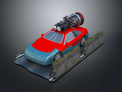 Futuristic Red And Blue Car With Turbine Engine On Roof Platform 3d model