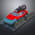 Futuristic Red And Blue Car With Turbine Engine On Roof Platform