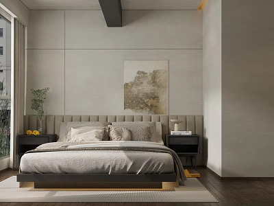 Modern Hotel Guest Room With Upholstered Headboard Bed Nightstands Decorative Painting And Potted Plant 3d model