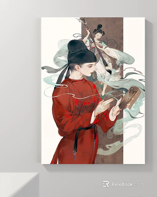 Traditional Chinese Figure Painting Of Man In Red Robe Holding Ancient Scroll With Flowing Decorations 3d model 