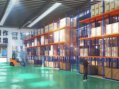 Industrial Warehouse Interior With Metal Racking Stacked Boxes Forklift Green Floor And Worker 3d model