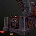 Open Wooden Treasure Chest With Metal Locks Filled With Gold Coins And Red Gems