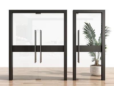 Modern Glass Doors with Black Frame and Metal Handles Near Potted Plant on Wooden Floor 3d model