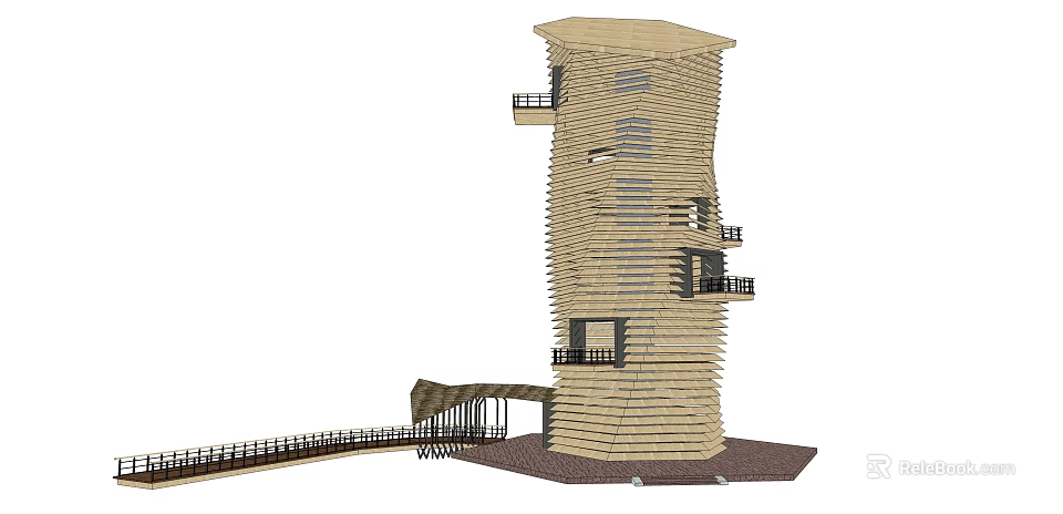 Modern Spiral Tower Exterior Design Featuring Wooden Striped Structure Balconies And Connected Walkway 3d model 