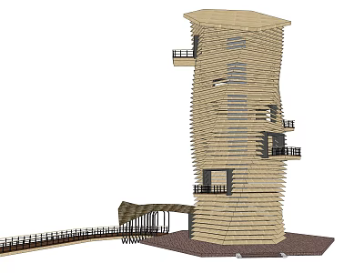 Modern Spiral Tower Exterior Design Featuring Wooden Striped Structure Balconies And Connected Walkway 3d model