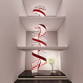 Red Spiral Staircase in Modern White Interior with Tiered Platforms and Illuminated Potted Plant