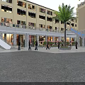 Vibrant Commercial Street With Multi Story Buildings Central Palm Tree Crowded People And Colorful Balloons