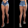 Woman in stylish burgundy off shoulder top red cap and ripped denim shorts