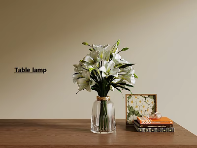 Transparent Glass Vase With White Lilies On Wooden Table Near Table Lamp And Books 3d model