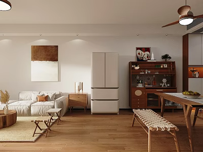 Modern Living and Dining Room Interior With Sofa Dining Table Wooden Flooring And Decorative Art 3d model