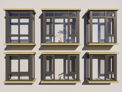 Modern Bay Window Designs With Dark Framed Glass Panels And Decorative Plants 3d model