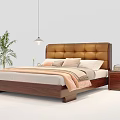 Modern Double Bed with Leather Padded Headboard Wooden Frame Nightstands and Table Lamps
