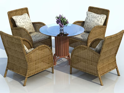 Round Wicker Outdoor Table with Four Chairs Cushions and Flower Vase 3d model