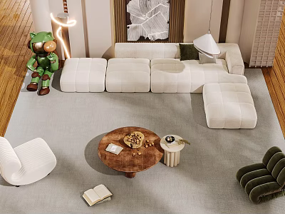 Cozy Modern Living Room With White L shaped Sofa And Wooden Round Coffee Table Set 3d model