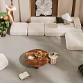 Cozy Modern Living Room With White L shaped Sofa And Wooden Round Coffee Table Set