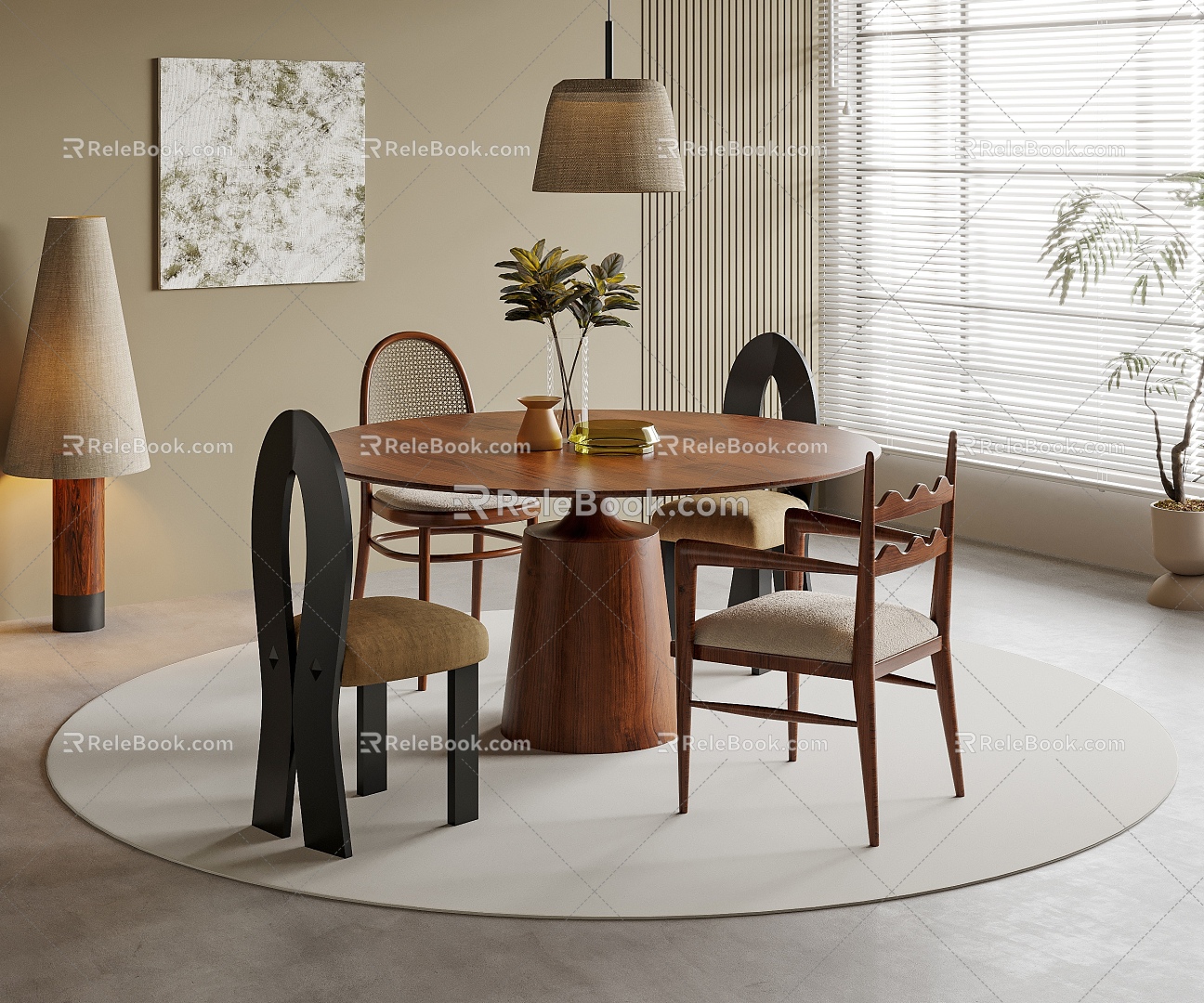 Vintage dining table and chair combination 3d model