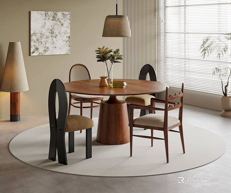 Modern Round Dining Table Set with Wooden Chairs Pendant Lamp and Round Rug 3d model 