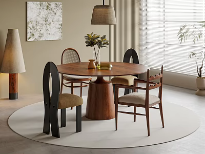 Modern Round Dining Table Set with Wooden Chairs Pendant Lamp and Round Rug 3d model