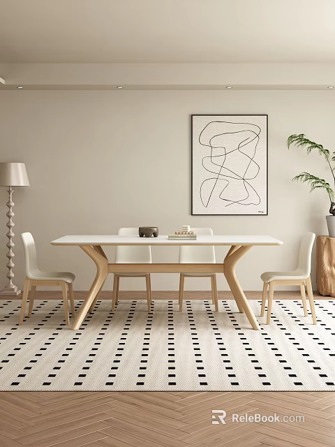 Modern Dining Table Set With White Chairs Wooden Legs Abstract Wall Art And Floor Lamp 3d model 