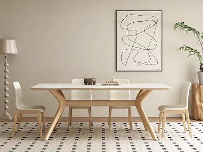Modern Dining Table Set With White Chairs Wooden Legs Abstract Wall Art And Floor Lamp 3d model