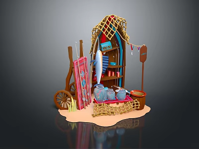 Beach Style Mobile Stall With Straw Canopy Surfboard Clay Pots And Wooden Barrel 3d model
