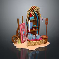 Beach Style Mobile Stall With Straw Canopy Surfboard Clay Pots And Wooden Barrel
