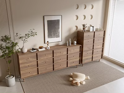 Wooden Entryway Console Cabinet And Sideboard With Drawers Framed Art Wall Decor Plants And Rug 3d model