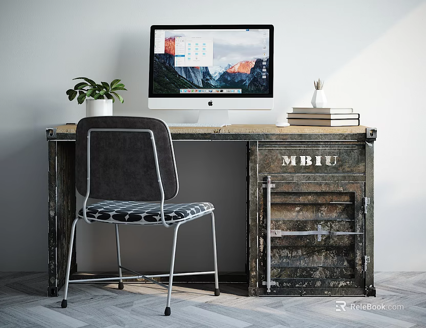 Modern Wooden Desk With Computer Monitor Green Plant Books And Checkered Chair In Workspace 3d model 