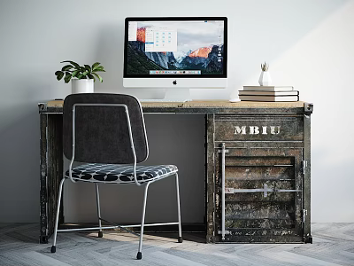 Modern Wooden Desk With Computer Monitor Green Plant Books And Checkered Chair In Workspace 3d model