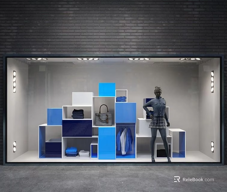 Modern Window Display With Blue White Cube Shelves Mannequin Handbags And Clothing 3d model 
