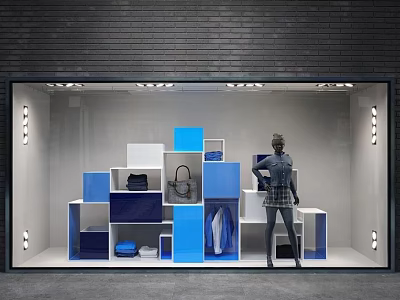 Modern Window Display With Blue White Cube Shelves Mannequin Handbags And Clothing 3d model