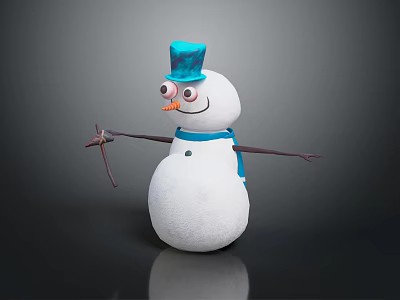 Cute Snowman With Blue Top Hat Blue Scarf Orange Nose And Stick Arms 3d model