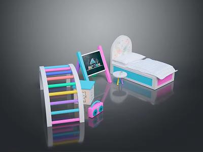 Kids Bedroom Furniture Set With Rainbow Slide Bed Play Table And Pink Radio 3d model