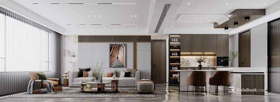 Modern Living Dining Room Interior Design With Sofa Coffee Table Dining Set And Decorative Lighting 3d model