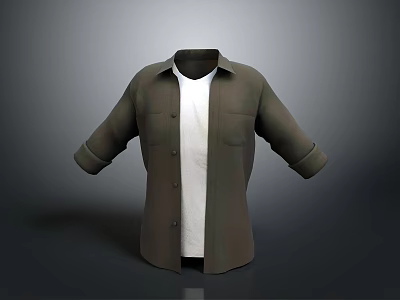 Casual Dark Green Collared Shirt With White T-shirt Underneath And Rolled Cuffs 3d model
