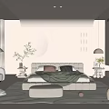 Modern Minimalist Bedroom Interior Design With Cozy Bed Round Lighting Rug And Decorative Plants