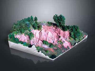 Pink Terrain Topographic Model With Green Trees And Sloped Hillside Features 3d model