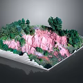 Pink Terrain Topographic Model With Green Trees And Sloped Hillside Features