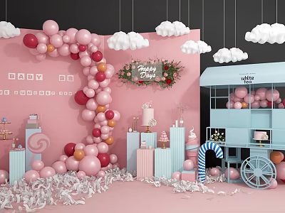 Pink Themed Inflatable Cloud Decorations With Balloon Arch For Birthday Party Setup 3d model