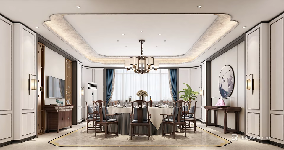 Chinese Style Private Dining Room Interior With Round Table Chandelier And Decorative Elements 3d model