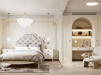 Kids Room Interior With Upholstered Headboard Bedside Tables Table Lamps Arched Bookshelf And Decorative Chair 3d model