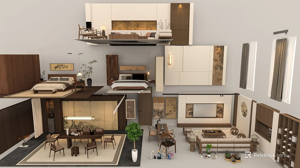Chinese Style Indoor Various Room Decorative Ornament Combinations With Furniture Paintings And Green Plants 3d model 