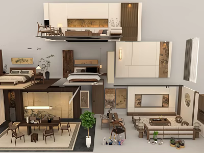 Chinese Style Indoor Various Room Decorative Ornament Combinations With Furniture Paintings And Green Plants 3d model