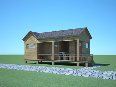 Wooden Cabin With Porch And Stone Path In Green Grass Under Blue Sky 3d model