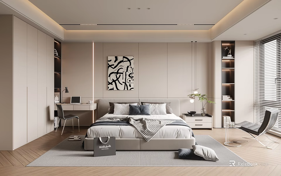 Minimalist Modern Bedroom Interior With Gray White Bedding Abstract Painting Desk And Wooden Floor 3d model 