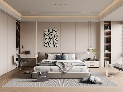 Minimalist Modern Bedroom Interior With Gray White Bedding Abstract Painting Desk And Wooden Floor 3d model