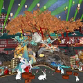 Scenic Photo Spot With Yellow Lights Red Maple Tree Rabbit Decorations And Traditional Architecture