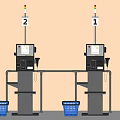 Modern Commercial Self Service Checkout Machines With Digital Screens And Blue Shopping Baskets