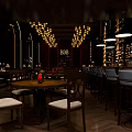 Stylish Bar Interior Design With Hanging Lights Liquor Shelves Round Tables And Chairs