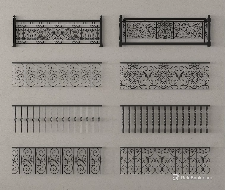 Wrought Iron Railings With Decorative Ornate Patterns And Various Design Styles 3d model 